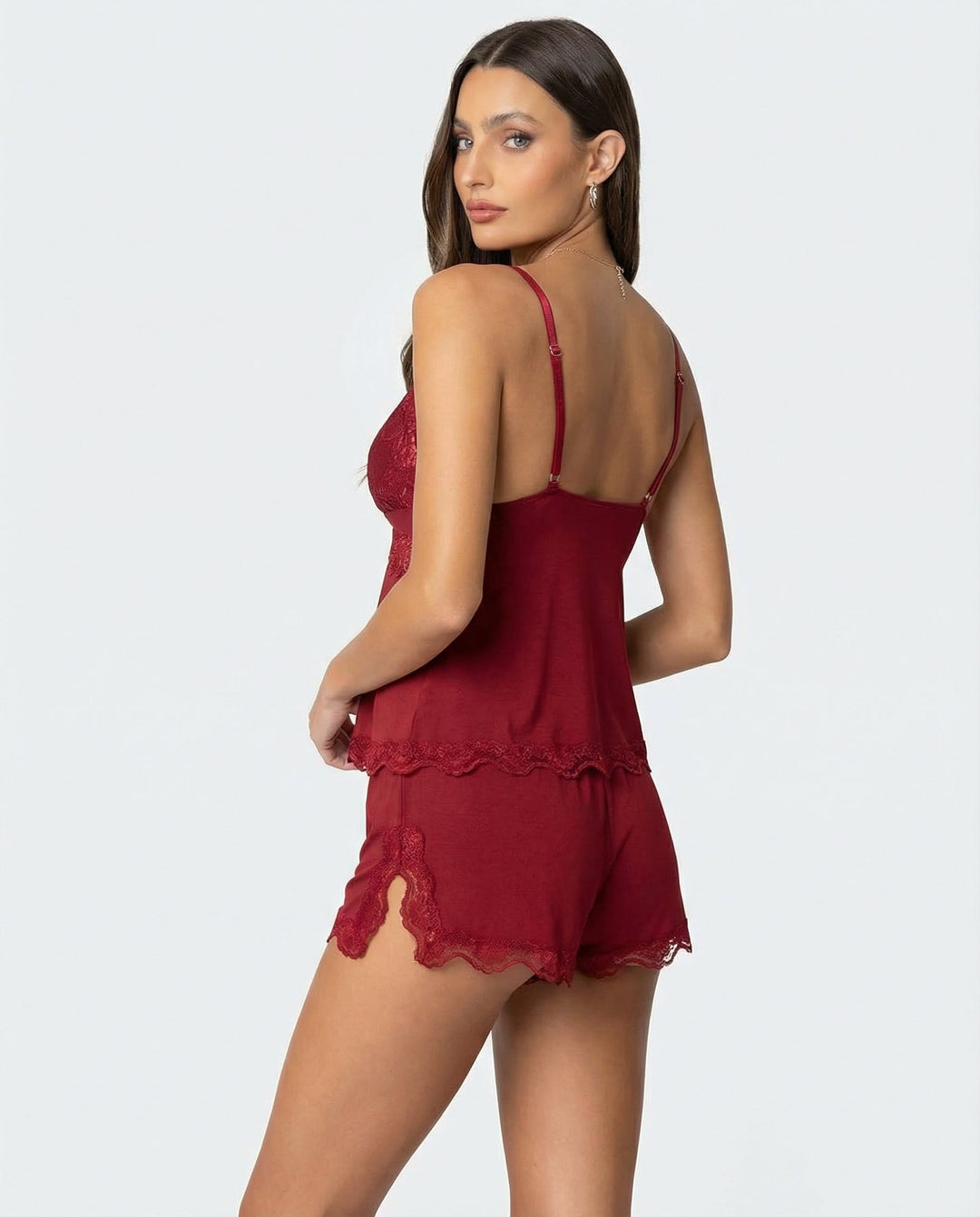 Midnight Lace Cami and Shorts Set with V-Neck and Bow Detail 7