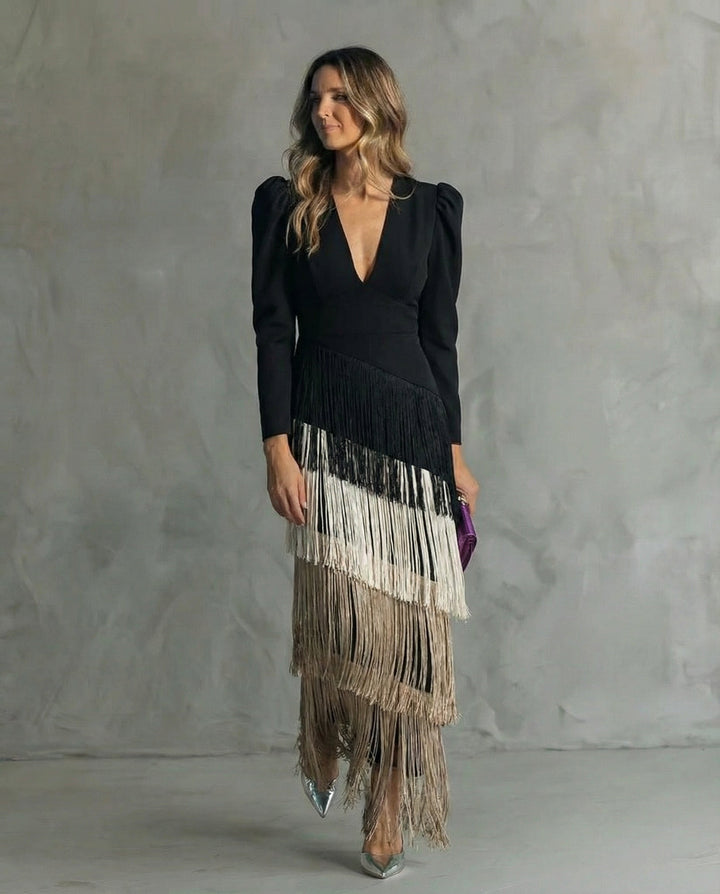 Elegant Fringe Midi Dress for Women, Flowy Sophisticated Style 5