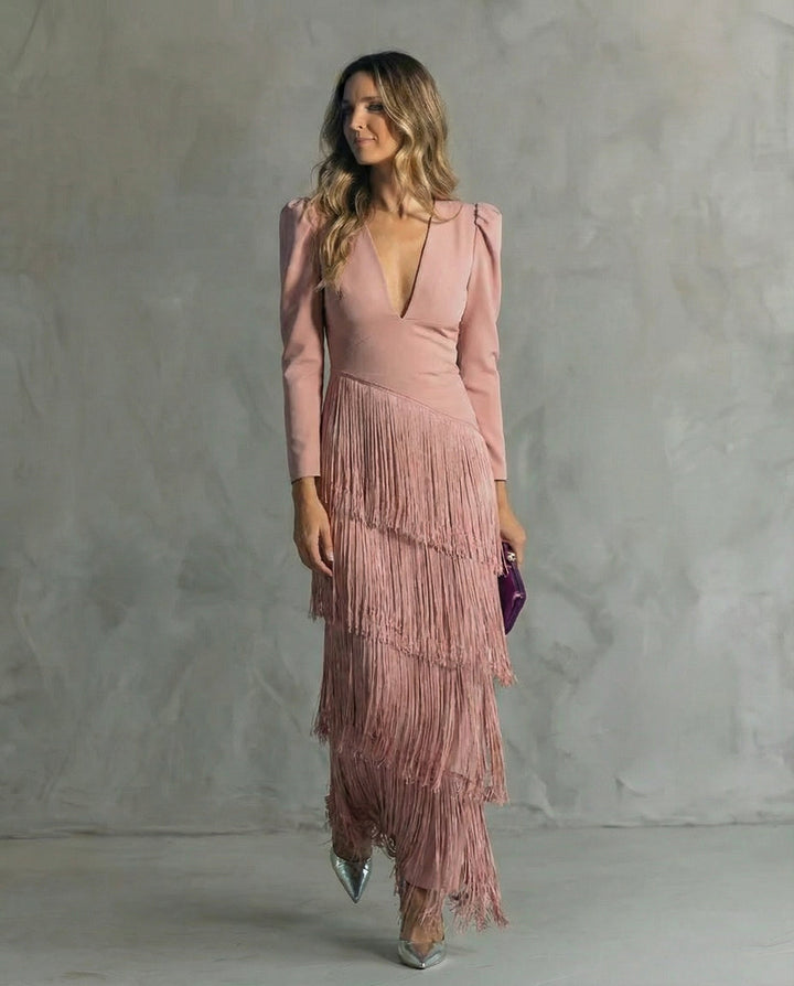 Elegant Fringe Midi Dress for Women, Flowy Sophisticated Style 7