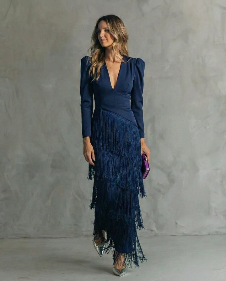 Elegant Fringe Midi Dress for Women, Flowy Sophisticated Style 6