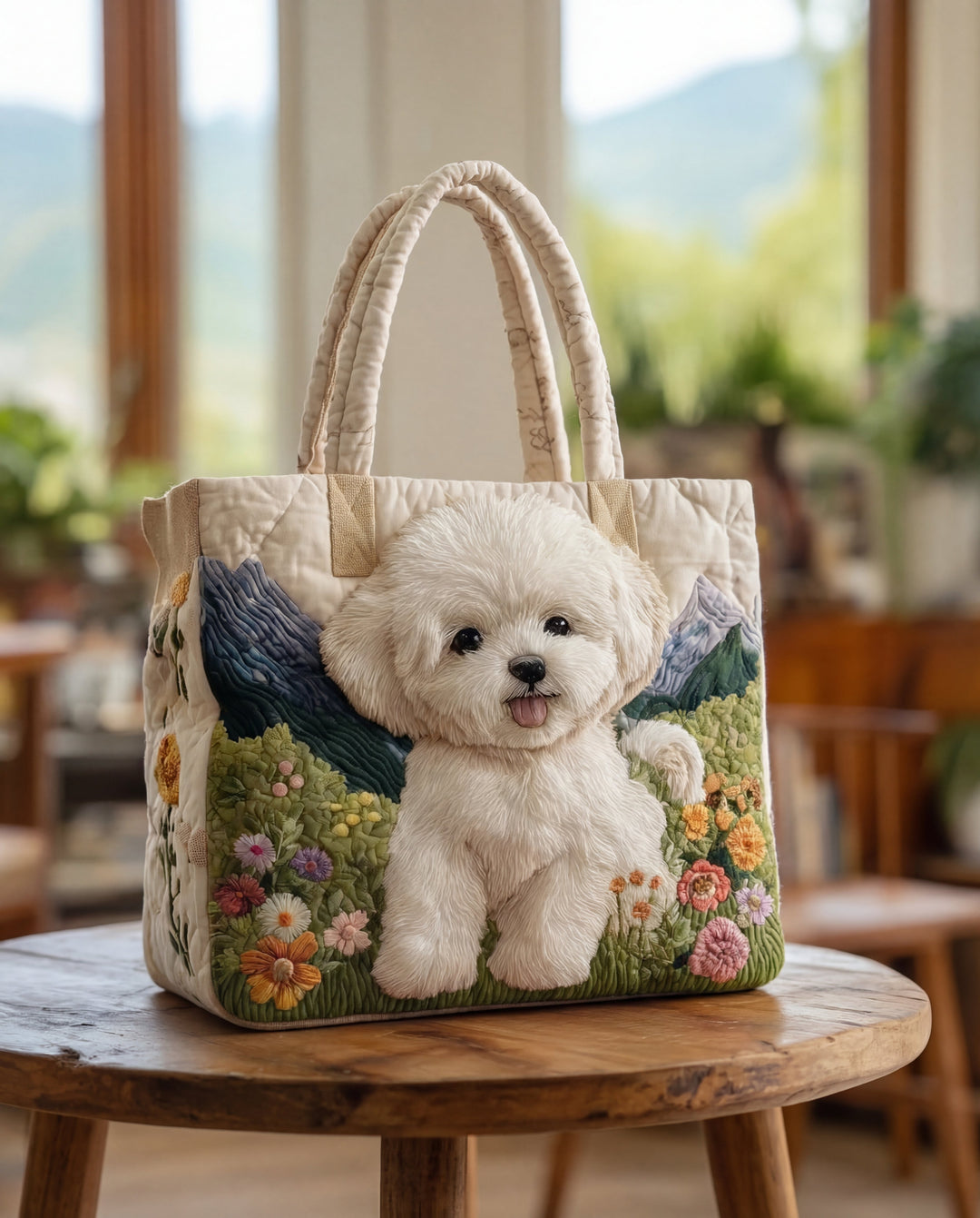Quilted Matelassé Tote Bag with Charming Dog Design, Washable Cotton-Poly Blend 1
