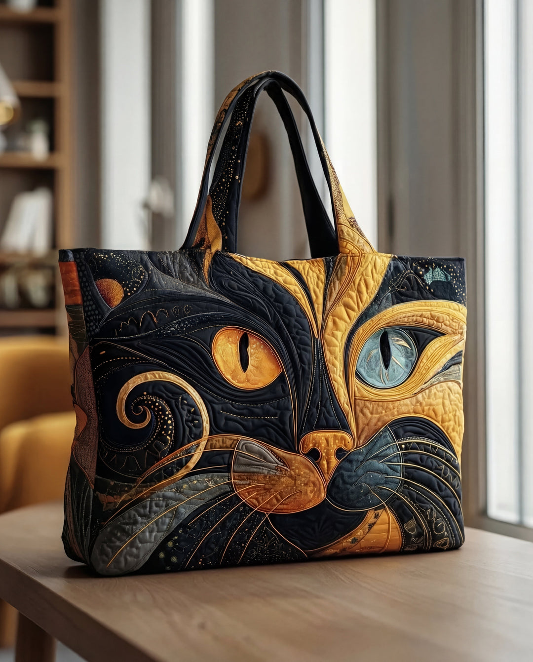 Quilted Cat Tote Bag with Zipper and Pockets – Cotton-Poly Blend 1