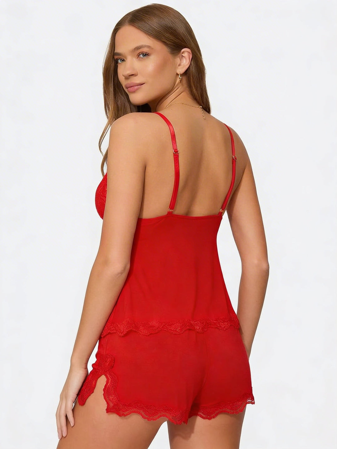 Midnight Lace Cami and Shorts Set with V-Neck and Bow Detail 23