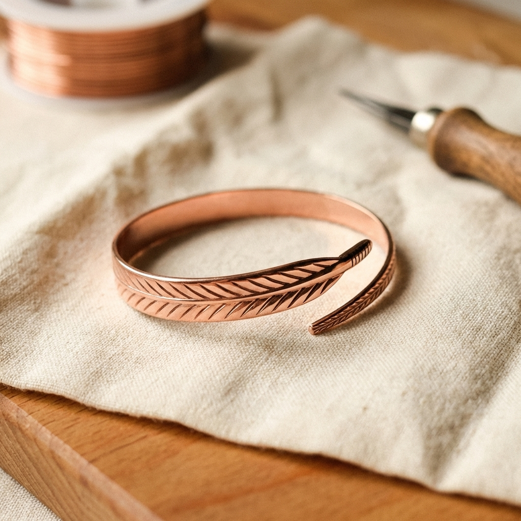 Hand-Engraved Feather Copper Bracelet, Adjustable Size 1