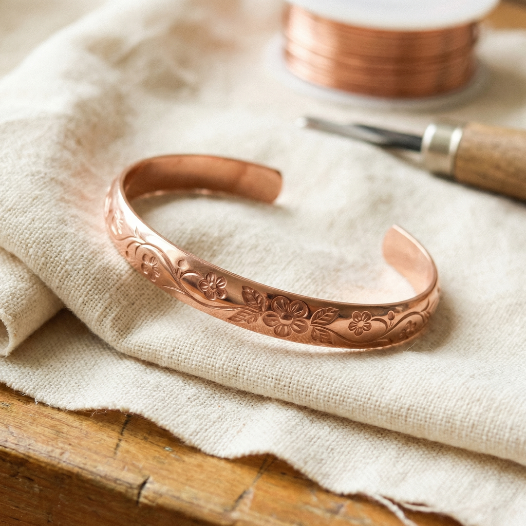 Hand Engraved Petal and Vine Copper Bracelet, Adjustable Size 1