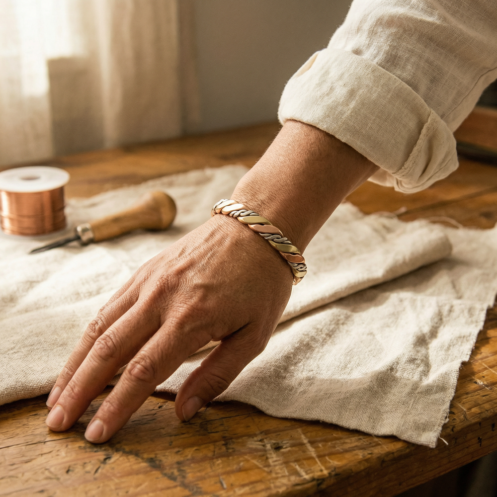 Handwoven Three-Strand Copper Bracelet, Rose Copper, Gold-Brass and Silver-Tone 2