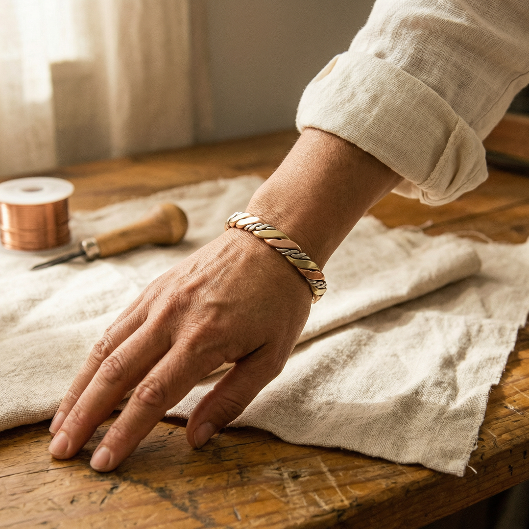 Handwoven Three-Strand Copper Bracelet, Rose Copper, Gold-Brass and Silver-Tone 2