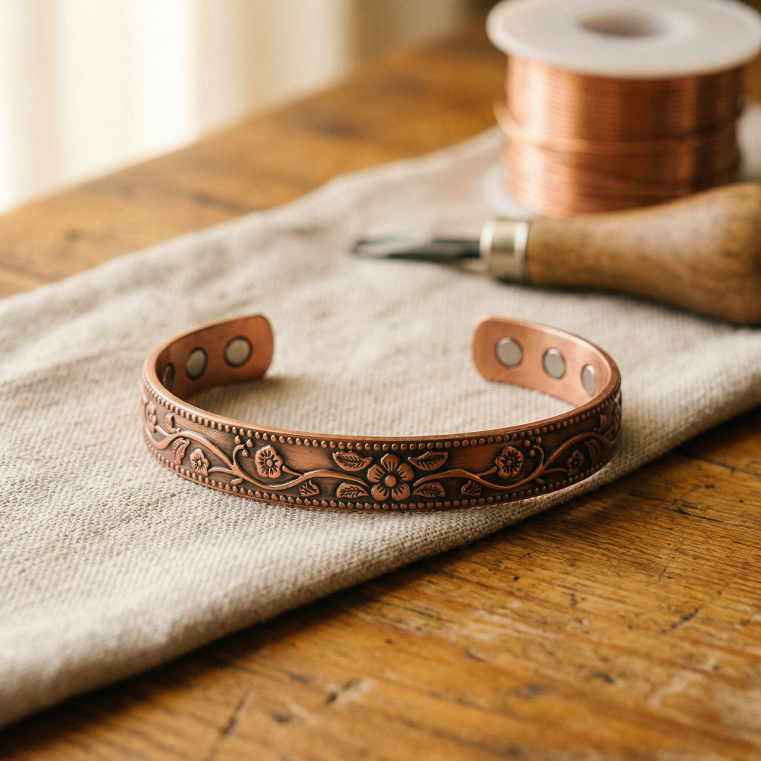 Beaded Border Pure Copper Magnetic Bracelet with Hand Engraved Flowers 1