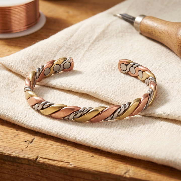 Handwoven Three-Strand Copper Bracelet, Rose Copper, Gold-Brass and Silver-Tone 1
