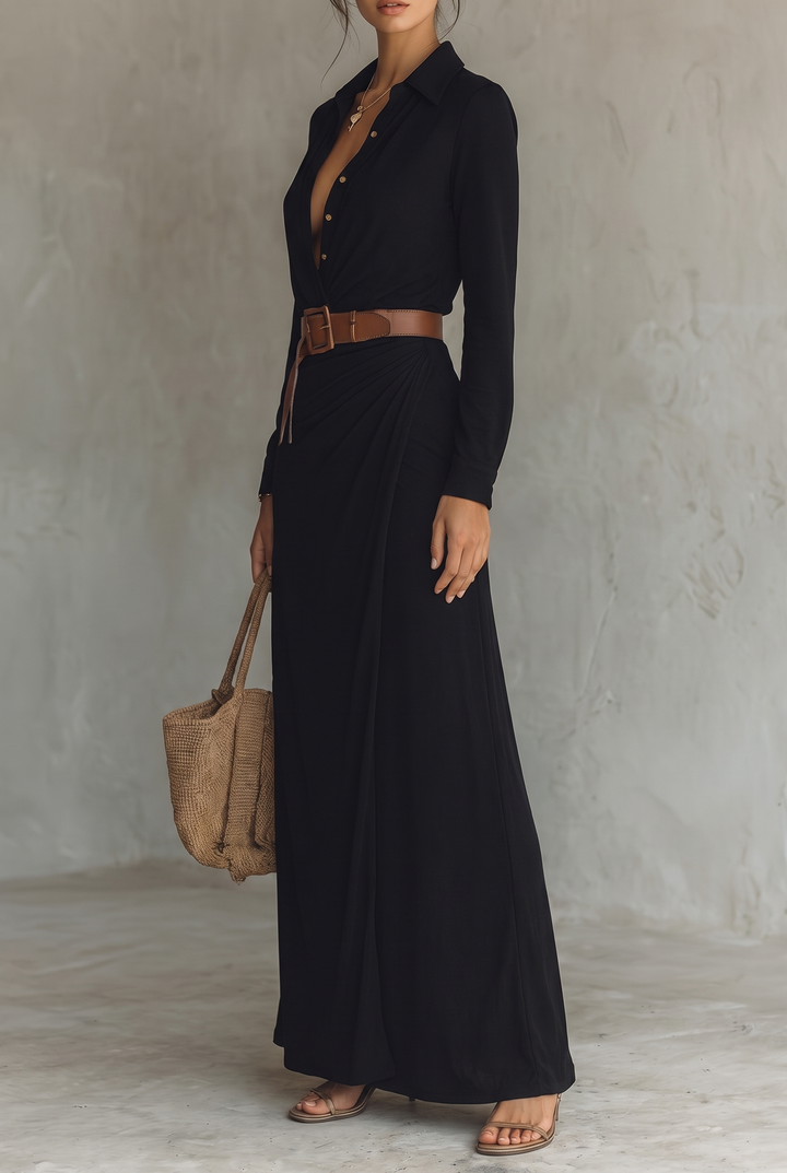Women's Lapel Single Breasted Belted Long Sleeve Maxi Dress 13