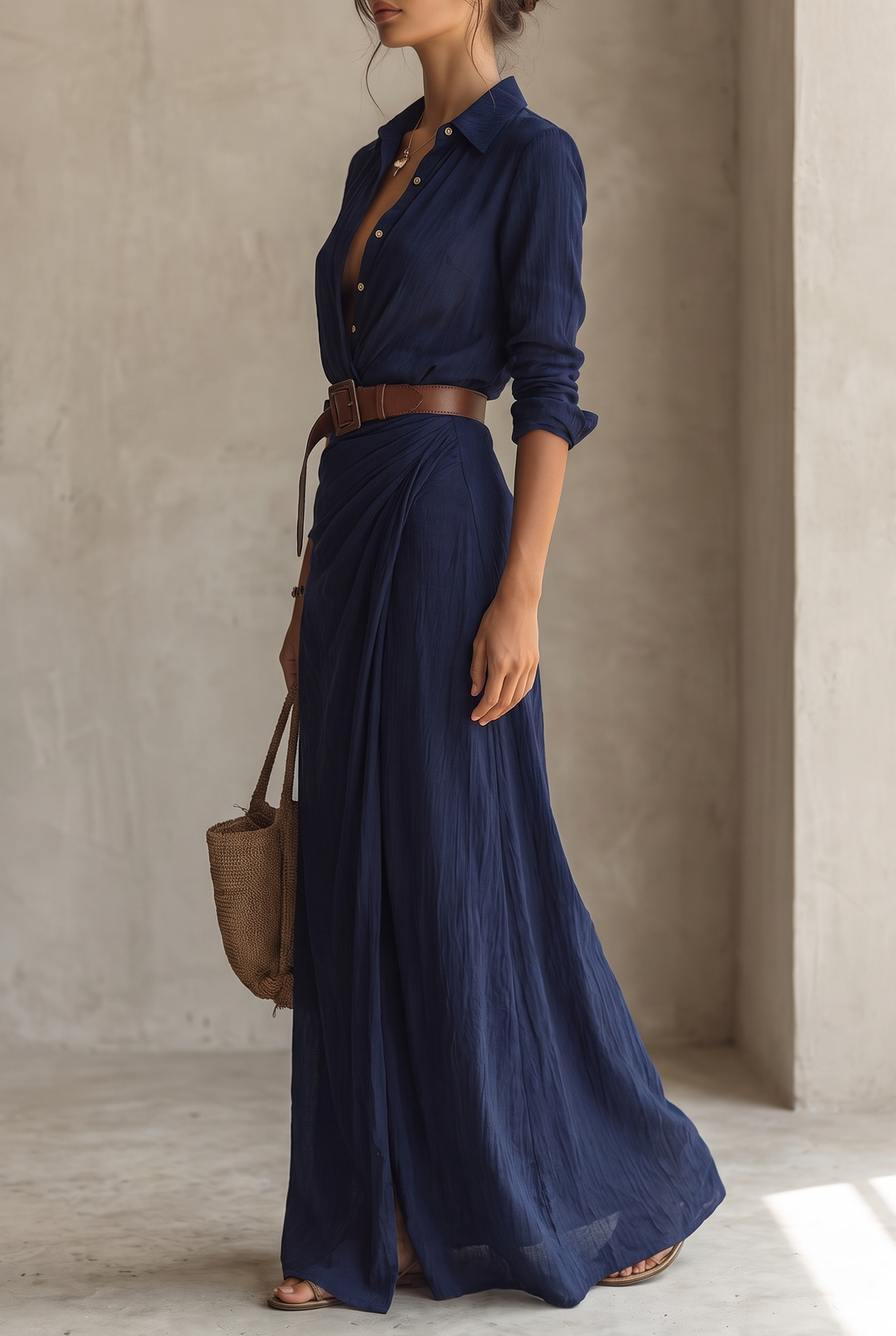 Women's Lapel Single Breasted Belted Long Sleeve Maxi Dress 5