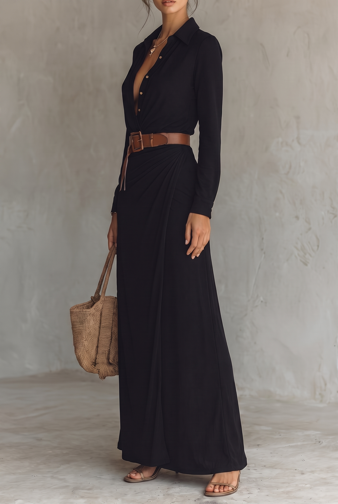 Women's Lapel Single Breasted Belted Long Sleeve Maxi Dress 14