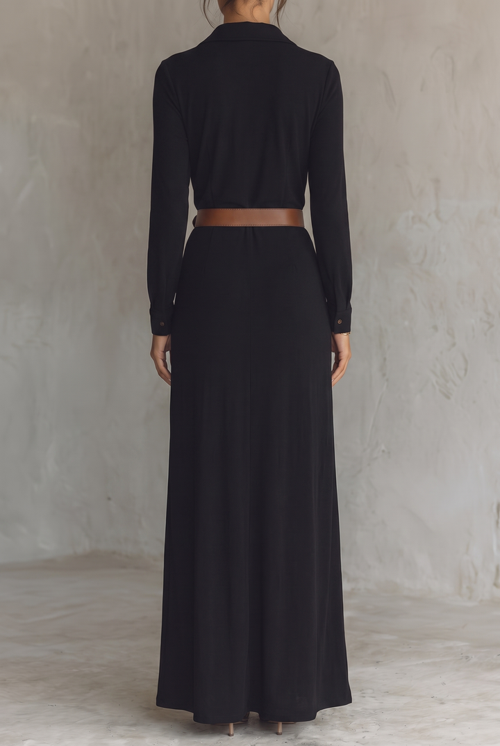Women's Lapel Single Breasted Belted Long Sleeve Maxi Dress 15