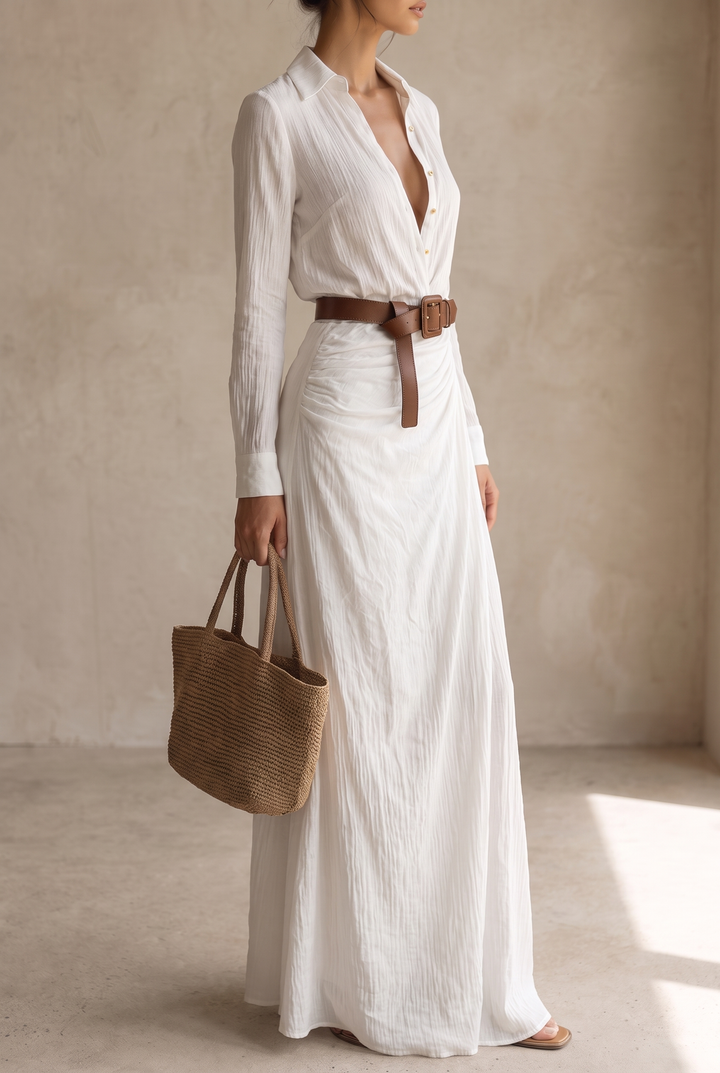 Women's Lapel Single Breasted Belted Long Sleeve Maxi Dress 10