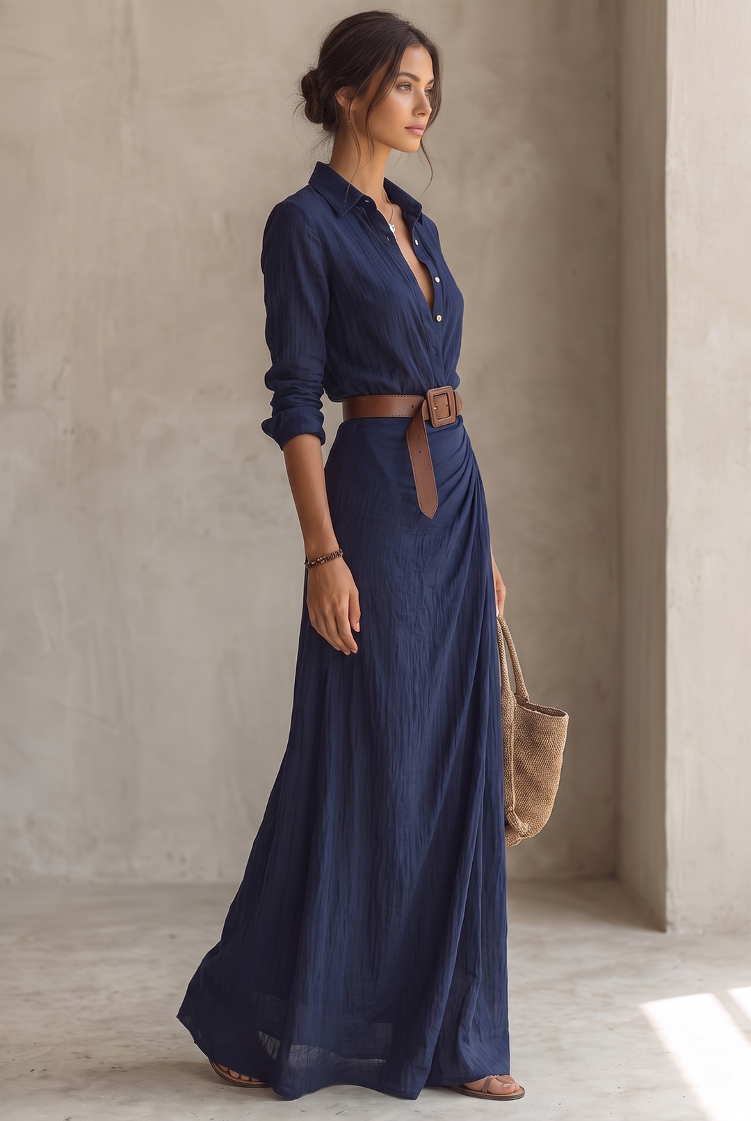 Women's Lapel Single Breasted Belted Long Sleeve Maxi Dress 6