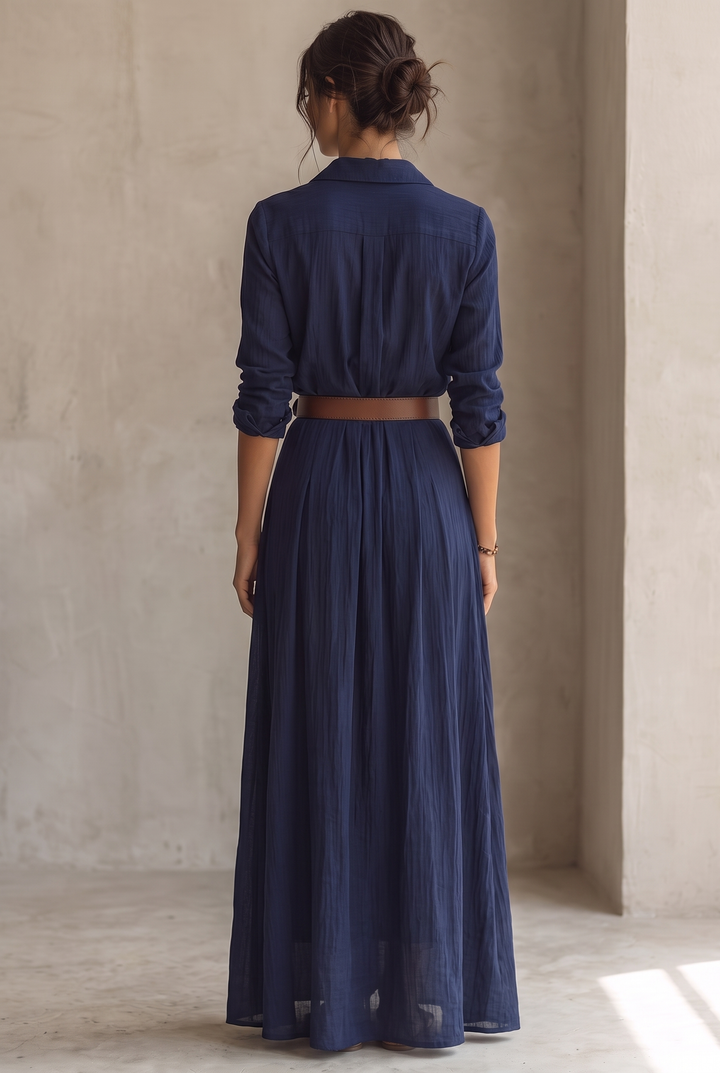 Women's Lapel Single Breasted Belted Long Sleeve Maxi Dress 7