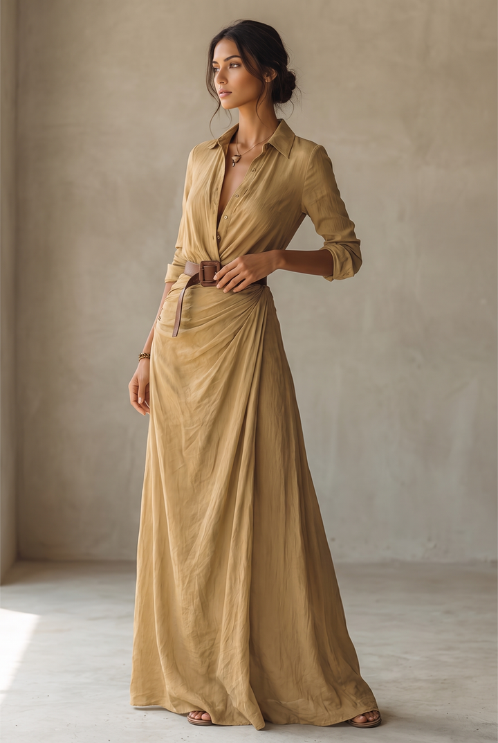 Women's Lapel Single Breasted Belted Long Sleeve Maxi Dress 1