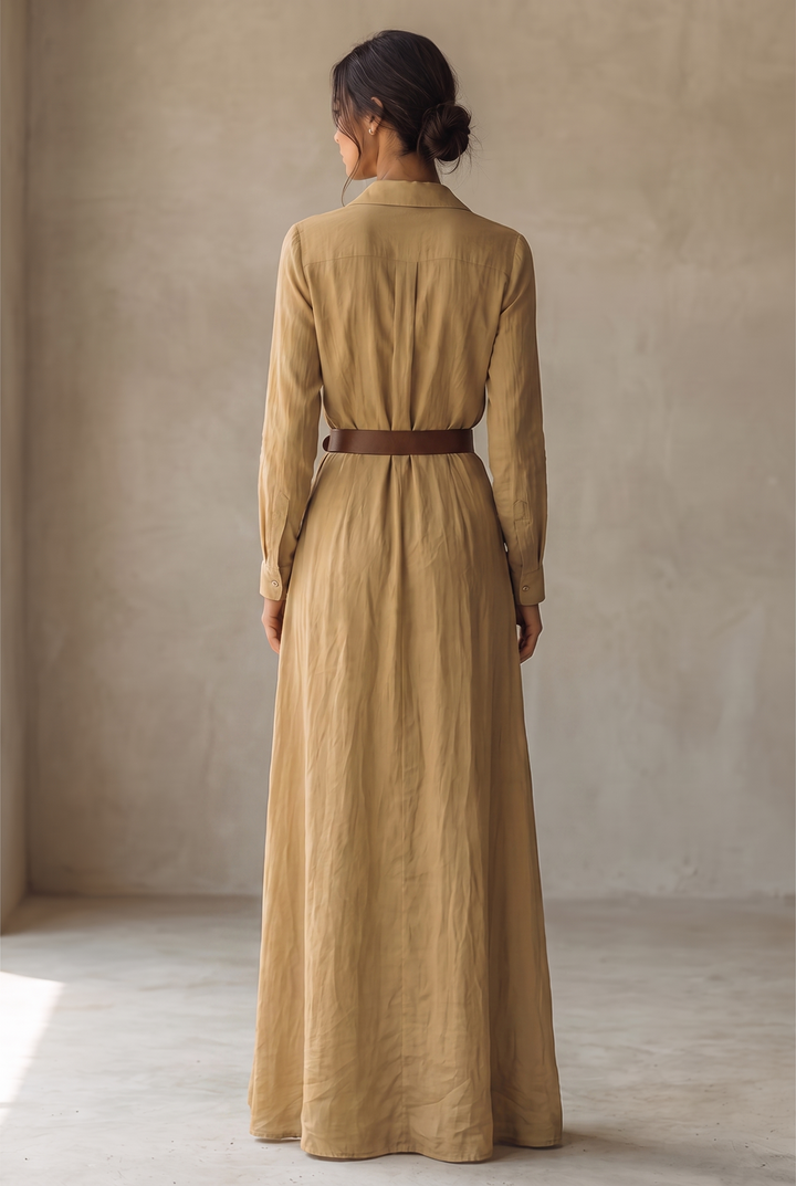 Women's Lapel Single Breasted Belted Long Sleeve Maxi Dress 3