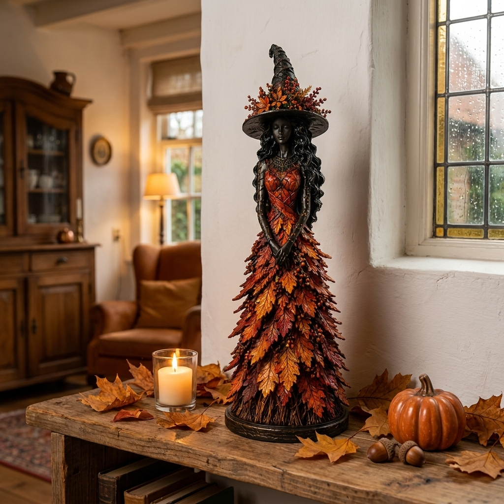 Handmade Autumn Witch Figurine with Hand-Painted Leaf Details 1