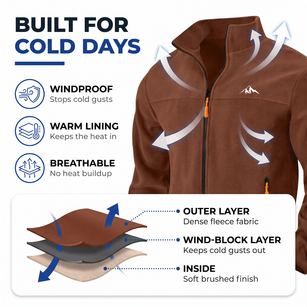 Men's Windproof Fleece Jacket with Stand Collar and Full Zip 2