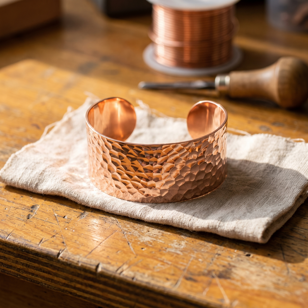 Wide Hand-Hammered Copper Cuff Bracelet, Open Adjustable Design 1