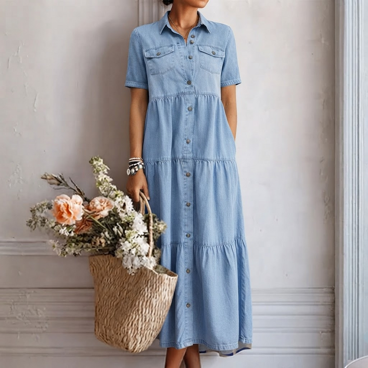 Denim Print Midi Dress - Relaxed Button-Front Style 1