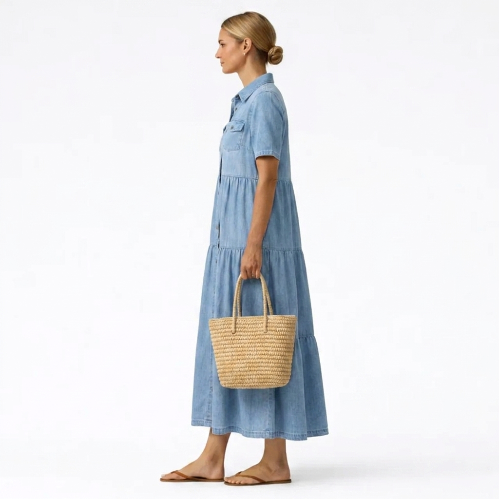 Denim Print Midi Dress - Relaxed Button-Front Style 4