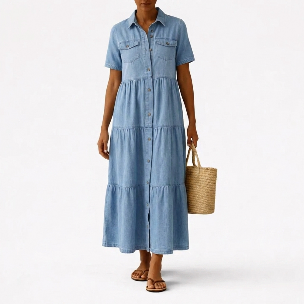 Denim Print Midi Dress - Relaxed Button-Front Style 2