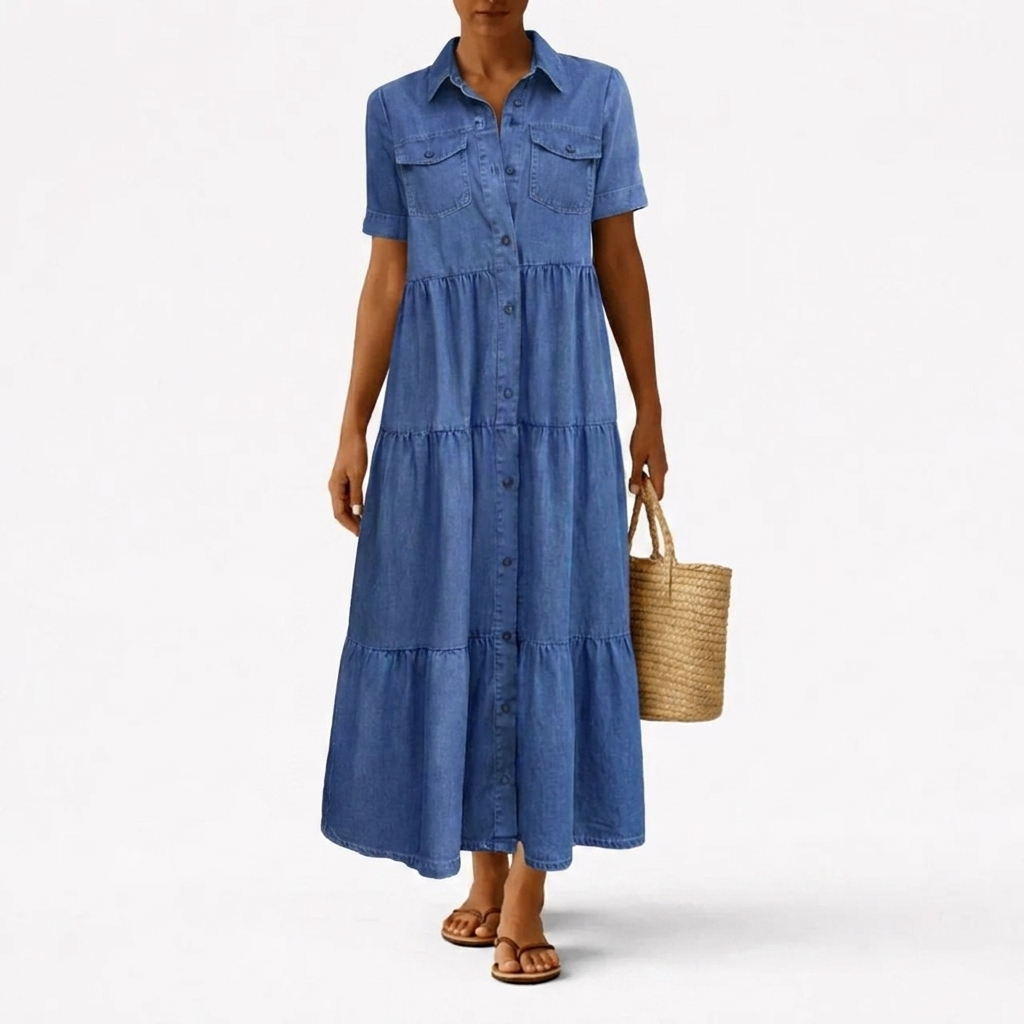 Denim Print Midi Dress - Relaxed Button-Front Style 6