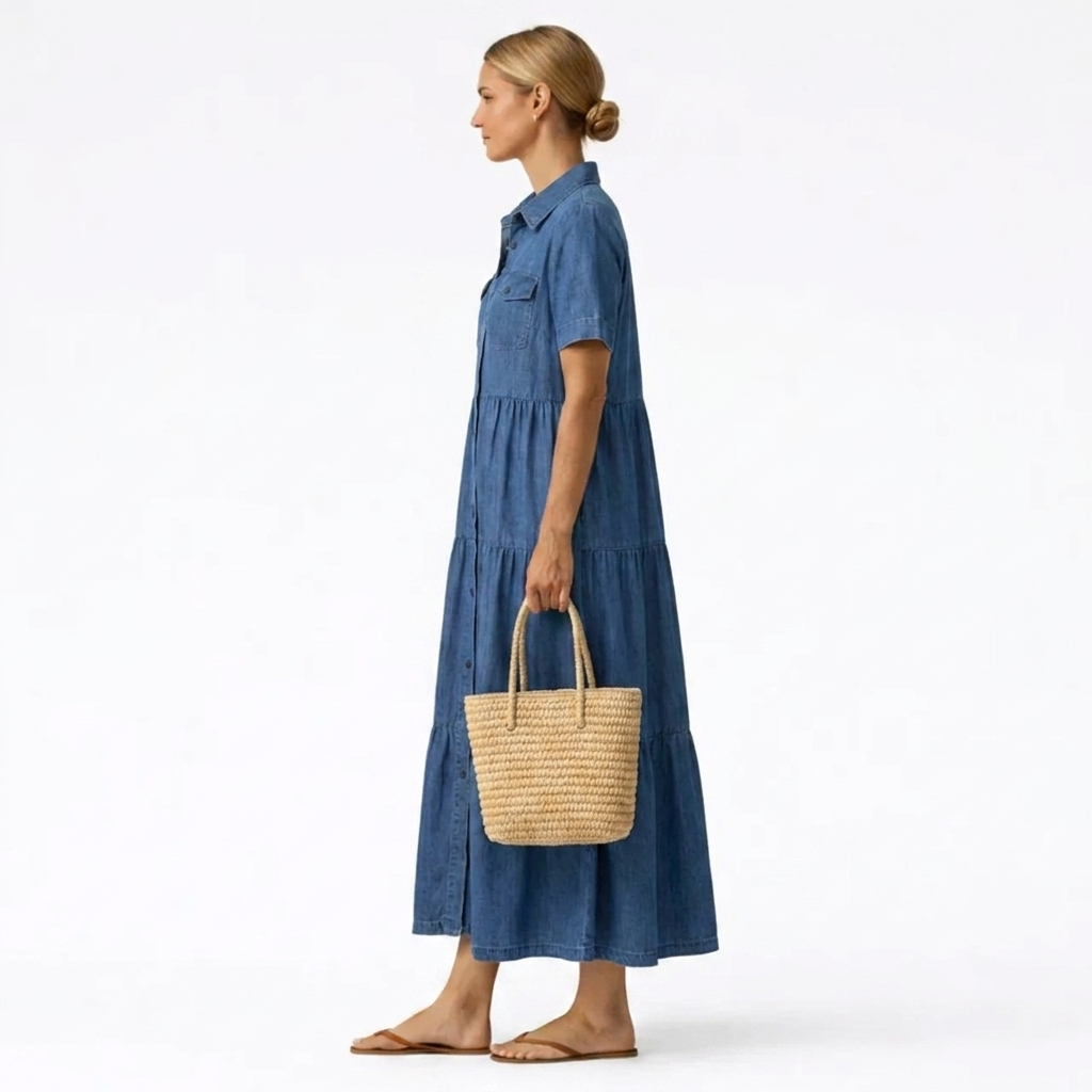 Denim Print Midi Dress - Relaxed Button-Front Style 8