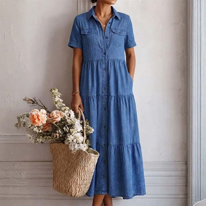 Denim Print Midi Dress - Relaxed Button-Front Style 5