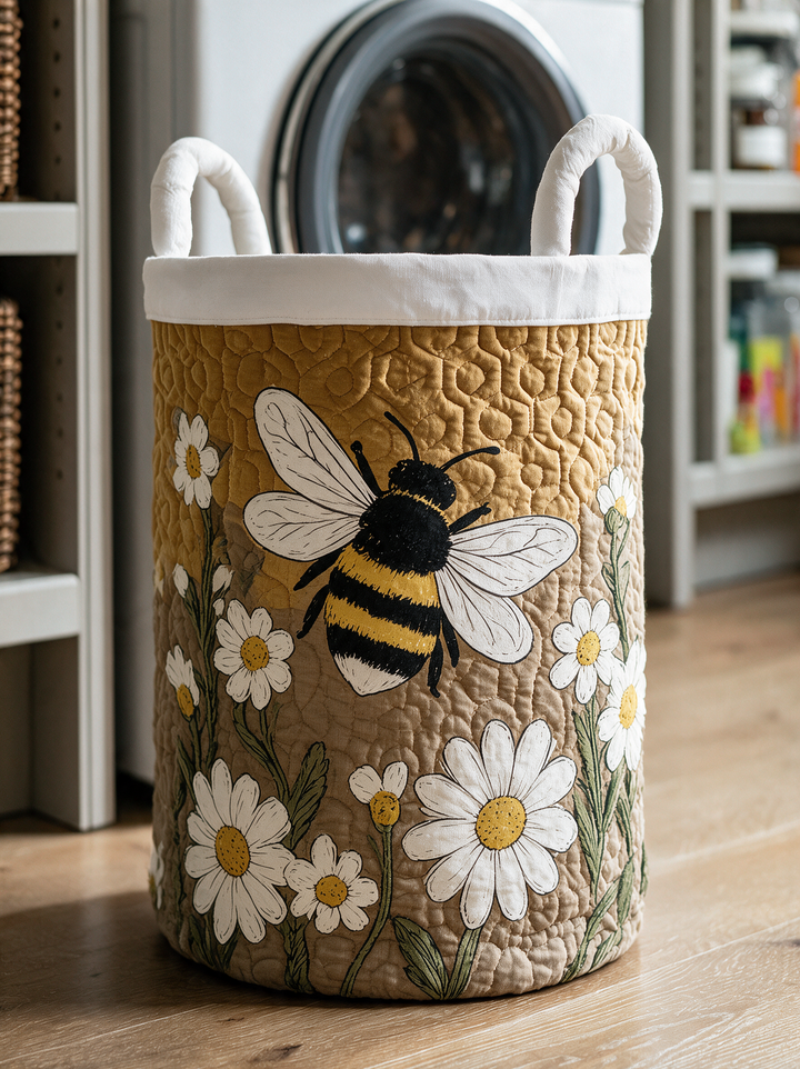 Quilted Daisy and Bee Laundry Basket with Canvas Handles, Self-Standing 3