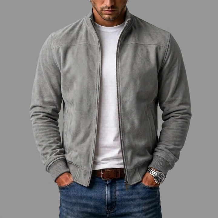 Men's Faux Suede Zip-Up Jacket with Ribbed Cuffs and Hem 7