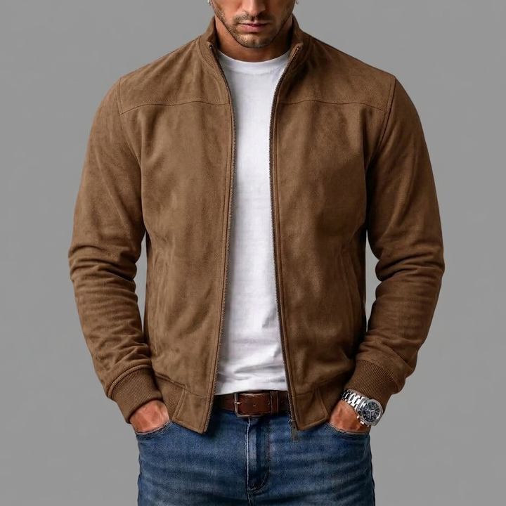 Men's Faux Suede Bomber-Style Jacket with Stand Collar and Full Zip 4