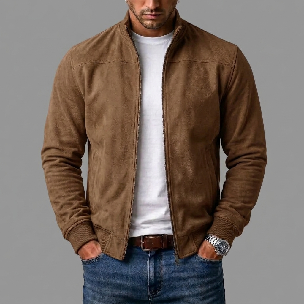 Men's Faux Suede Zip-Up Jacket with Ribbed Cuffs and Hem 5