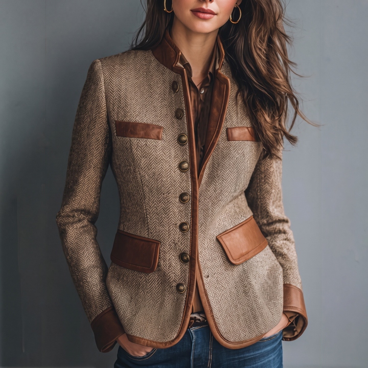 Tailored Tweed Jacket with Stand Collar and Faux Leather Trim 1