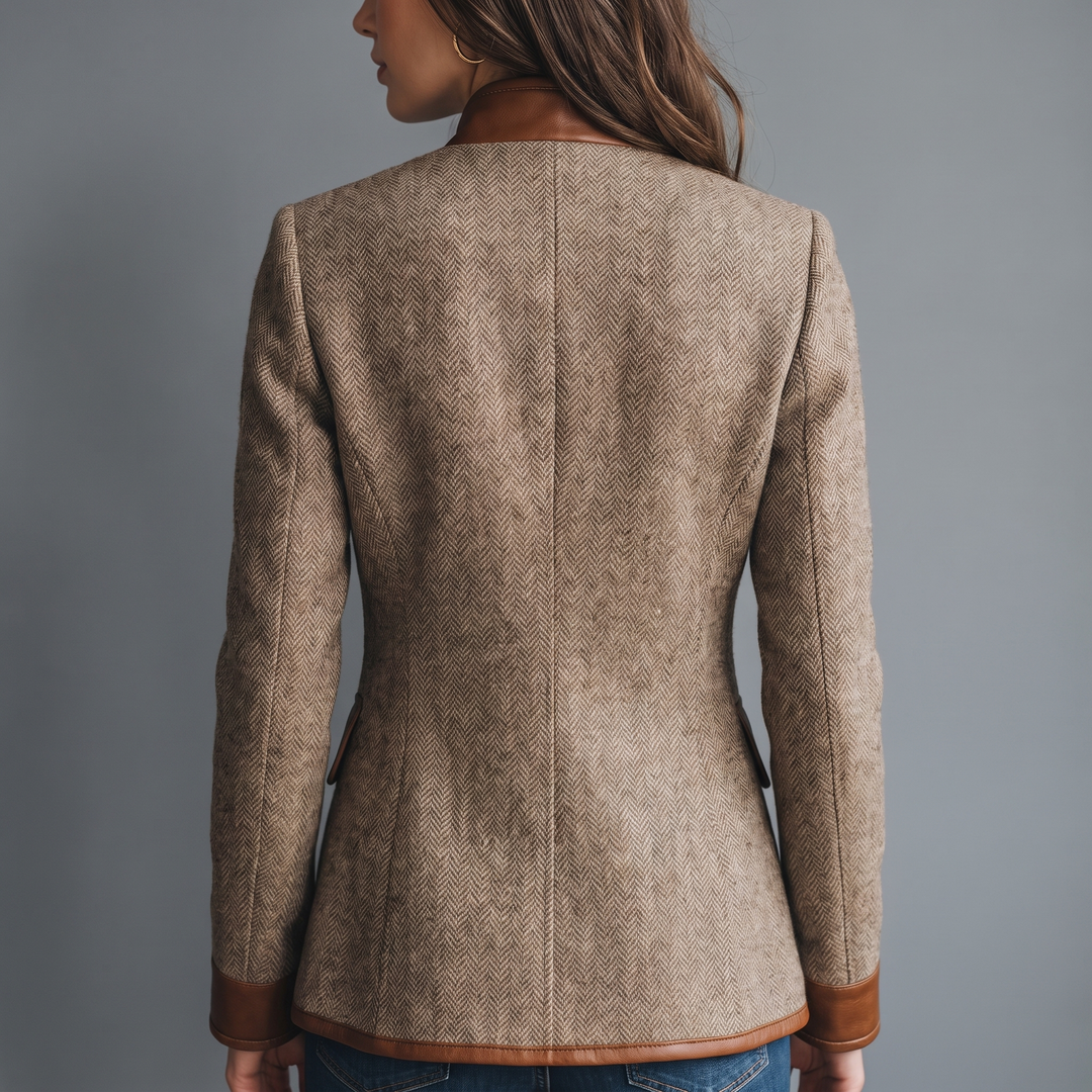 Tailored Tweed Jacket with Stand Collar and Faux Leather Trim 3
