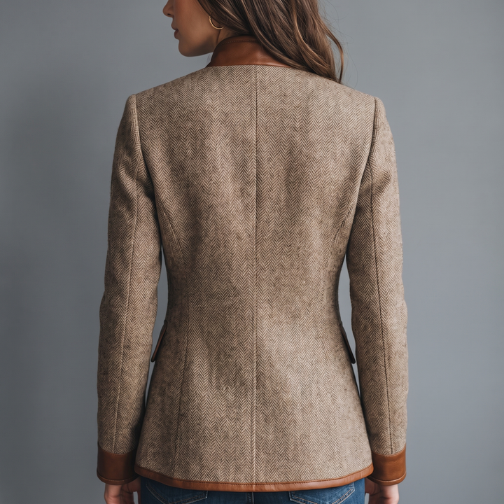 Tailored Tweed Jacket with Stand Collar and Faux Leather Trim 3