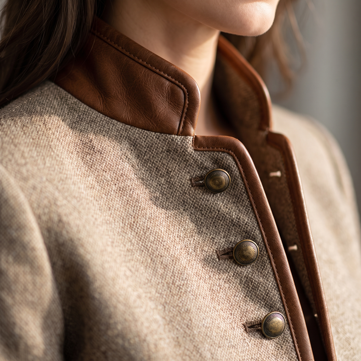 Tailored Tweed Jacket with Stand Collar and Faux Leather Trim 4