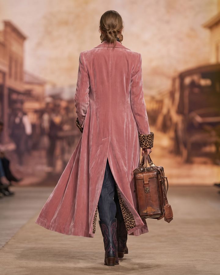Longline Tailored Velvet-Effect Coat with Leopard-Print Lining 4
