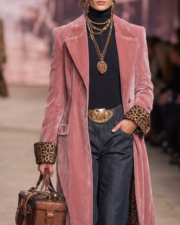 Longline Tailored Velvet-Effect Coat with Leopard-Print Lining 5