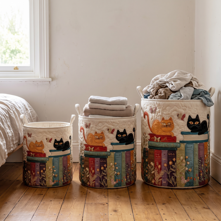 Quilted Cat Pattern Laundry Basket, Foldable Fabric Hamper with Handles 3