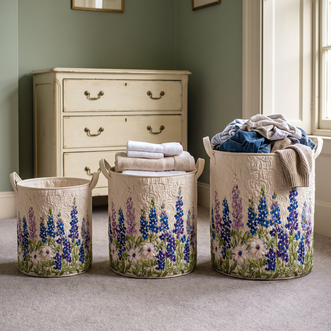 Quilted Wildflower Laundry Basket with Canvas Handles, Self-Standing and Foldable 3