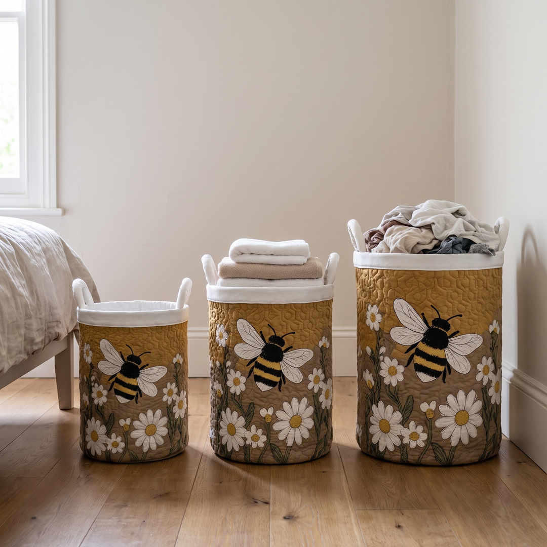Quilted Daisy and Bee Laundry Basket with Canvas Handles, Self-Standing 4