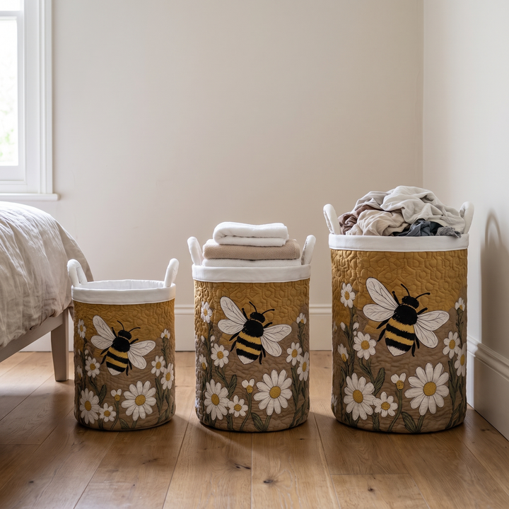 Quilted Daisy and Bee Laundry Basket with Canvas Handles, Self-Standing 4