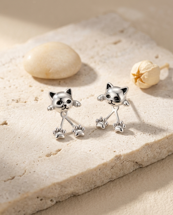 Cat Ear Jacket Earrings with Dangling Paws, Silver Tone 4