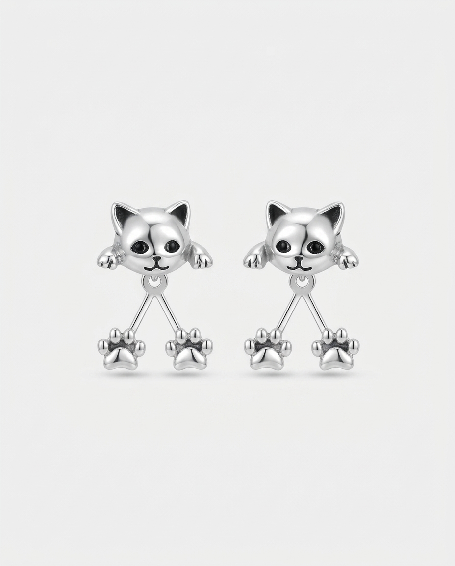 Cat Ear Jacket Earrings with Dangling Paws, Silver Tone 1
