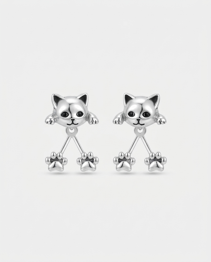 Cat Ear Jacket Earrings with Dangling Paws, Silver Tone 1