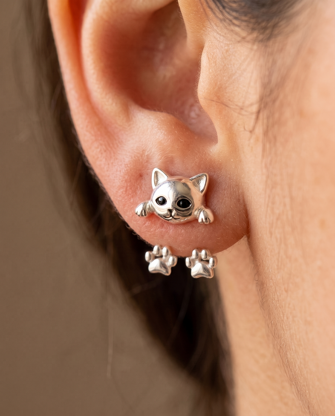 Cat Ear Jacket Earrings with Dangling Paws, Silver Tone 3