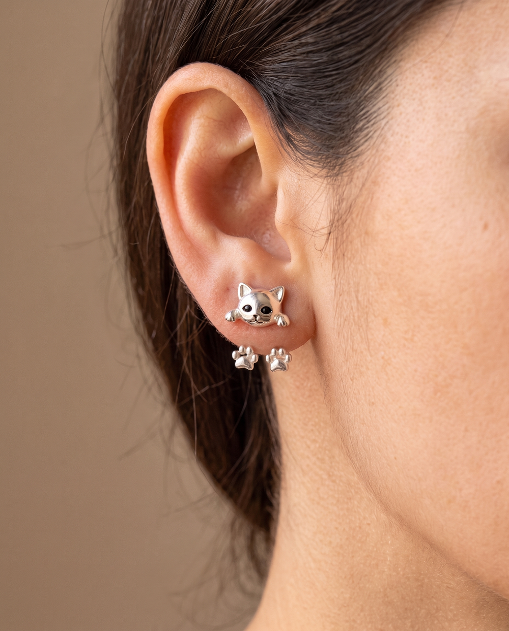 Cat Ear Jacket Earrings with Dangling Paws, Silver Tone 2